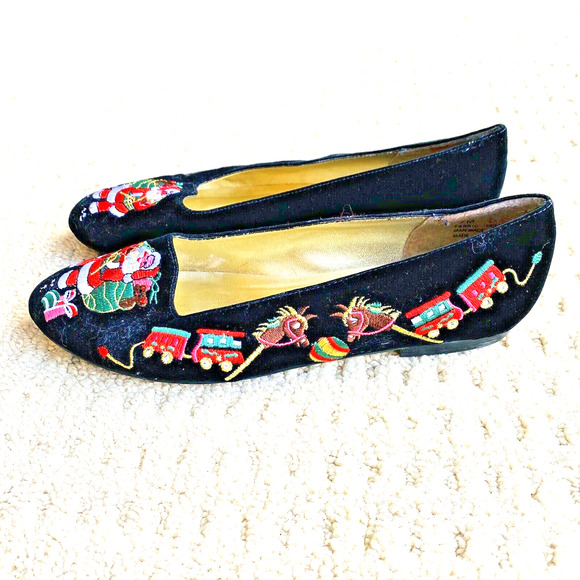 Vintage Pritzi Christmas Holiday Flats Dressy Shoes Black Velvet & Embroidery 7M - Picture 4 of 13